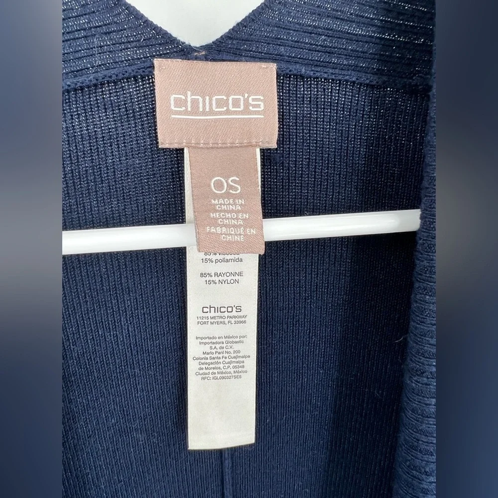 Chico’s navy blue open front knit kimono lace up sides one size
